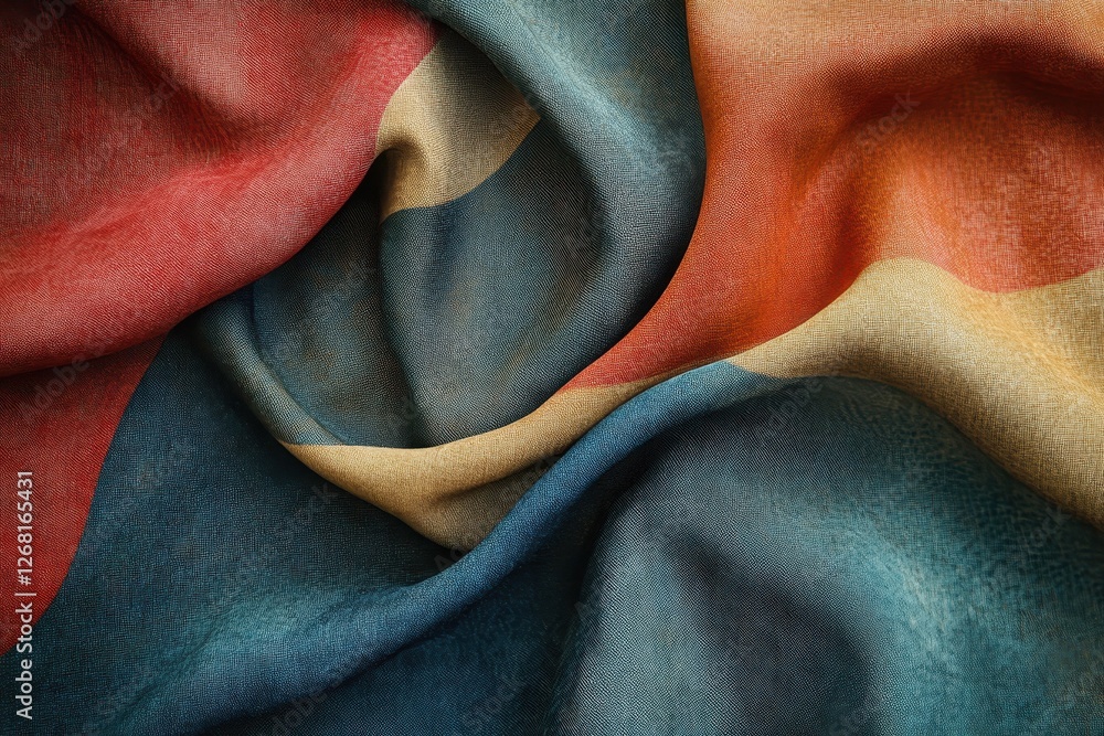 Poster draped multicolored fabric displays various textures and contrasting colors