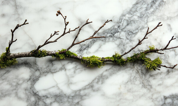 Elegant natural twigs and soft moss gracefully accent a smooth marble surface for organic sophistication