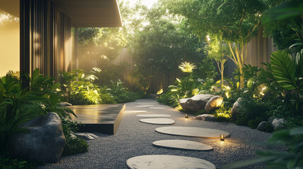 Tranquil zen garden oasis with winding stone pathways, abundant lush greenery, and serene natural ambiance