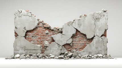 Low-angle view of a destroyed concrete wall with bricks, isolated on a white background. 