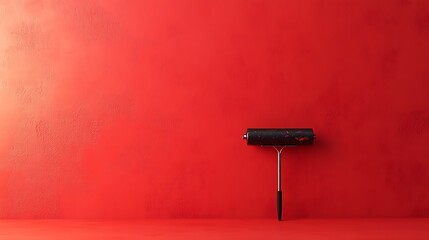 Minimalist red wall with a paint roller, simple background, 