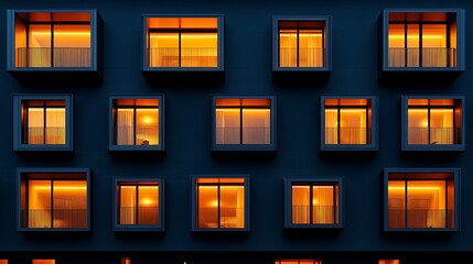 Close-up of the facade of an office building at night, with all lights on in the windows. The architecture is minimalist, with a dark blue and light orange color palette