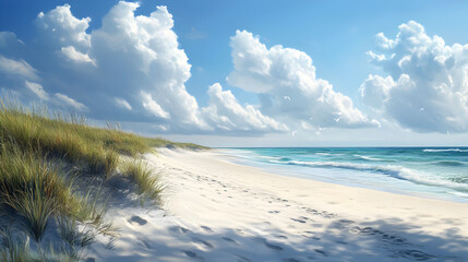 Sunny Day at the Beach: Aerial View of Tranquil Seaside Sand Dunes and Blue Horizon in a Tropical Coastal Paradise