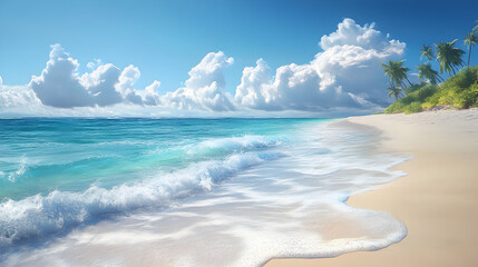 Tropical Paradise Beach: Experience Idyllic Shoreline Getaway with Clear Waves, Blue Sky, and Palm-Lined Coastline
