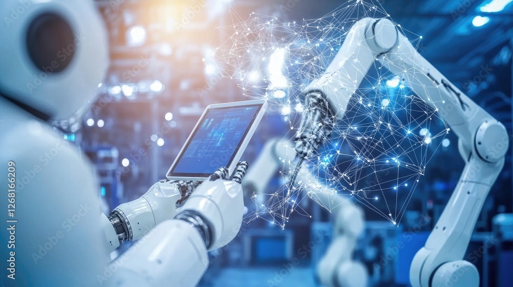 Aufkleber High-resolution shot of industrial robots collaborating in harmony to maximize production efficiency within a factory.