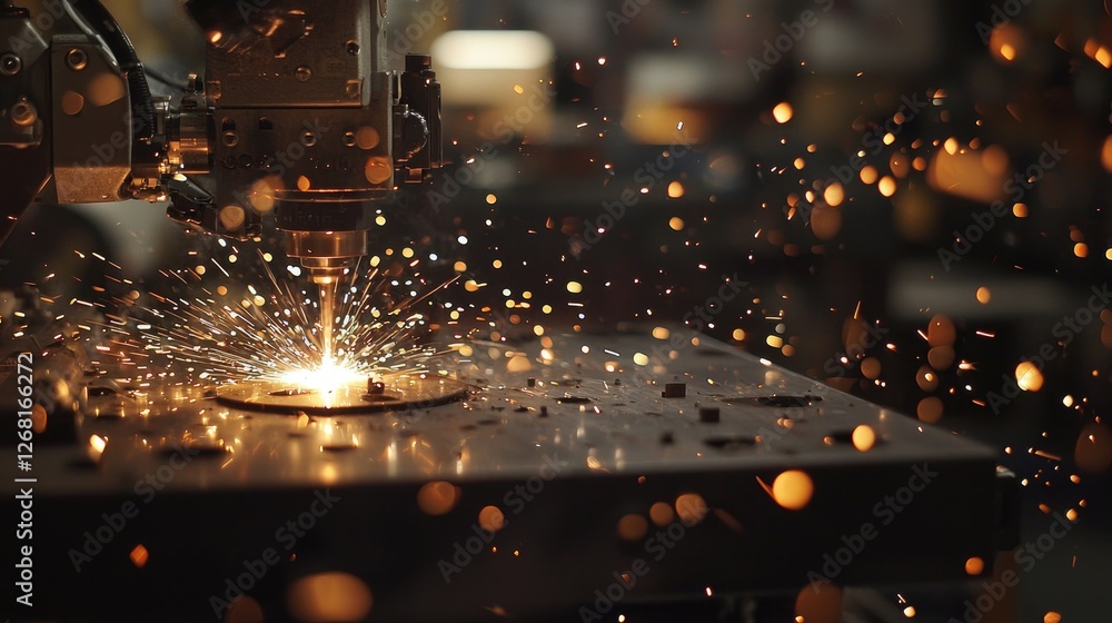 Poster Detailed view of a robotic welding setup, with sparks visible as the robot produces flawless welds for high-quality outputs.