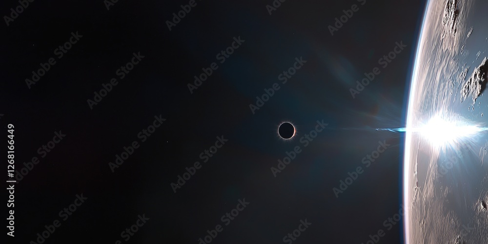 Poster a solar eclipse from space, with the moons shadow falling on earth and the corona glowing around it.