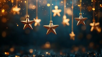 Dark blue background with golden stars hanging in the air, creating an enchanting and festive atmosphere for Christmas or othe