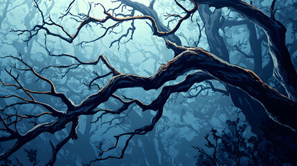 <Mystical Foggy Forest: Moody Nature Scenery with Twisted Trees and Vintage Texture>
