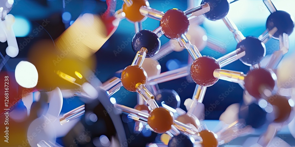Poster detailed view of a molecular model being adjusted, representing innovation in advanced research labo