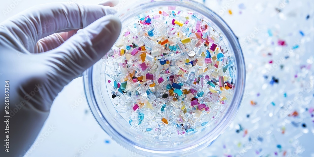 Poster precision image of a biodegradable plastic sample under analysis, showcasing advancements in sustain