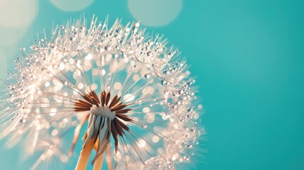Obraz premium Dew-Covered Dandelion Seed Head Against a Turquoise Background