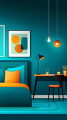 modern bedroom with teal walls, orange accents, and stylish decor