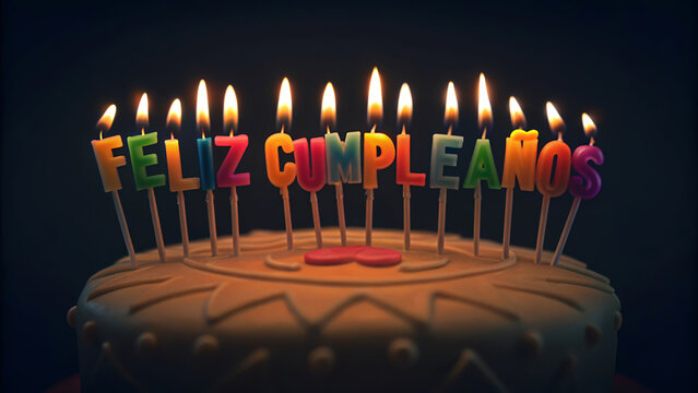 Feliz cumpleanos or Feliz cumplea&ntilde;os cake with candles in a birthday background featuring happy birthday wishes and greetings in Spanish with colorful carnival decorations for family and friends
