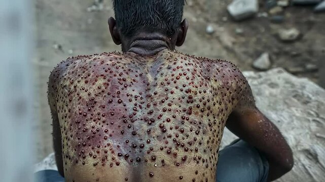 A detailed close-up of a monkeypox rash on human skin, showing red pustules and lesions, highlighting symptoms of the viral infection.