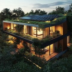 Fototapeta premium High-Tech Sustainable Home with Lush Greenery and Solar Energy: A futuristic sustainable house with multiple levels, a green roof, solar panels, and floor-to-ceiling windows.