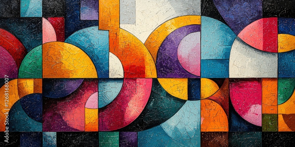Poster The abstract artwork features thoughtfully arranged simple geometric shapes, utilizing a limited color palette to enhance visual impact and evoke tranquility.