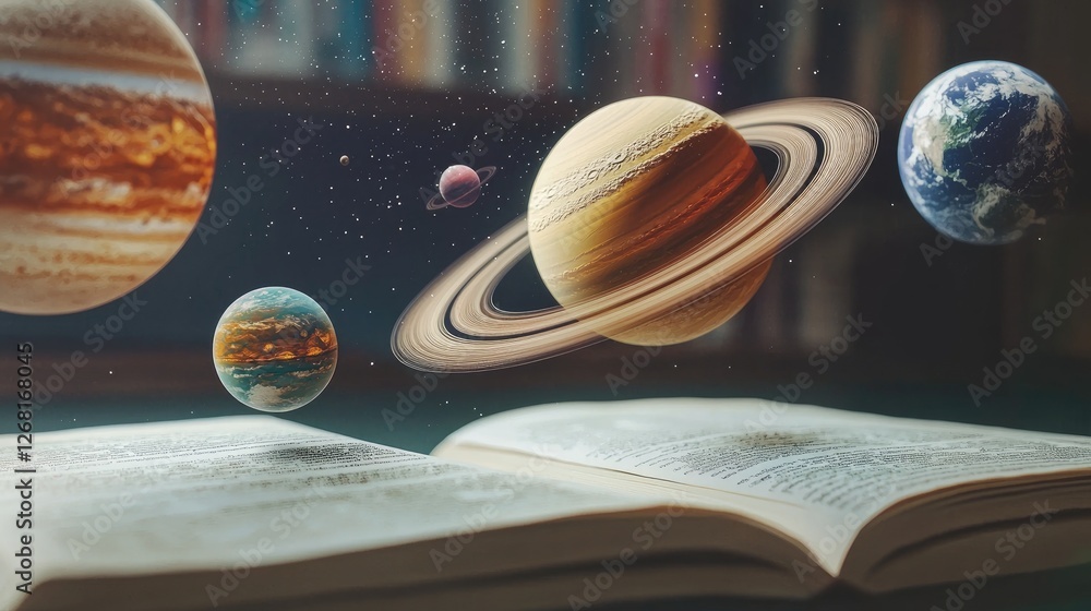 Fototapete A close-up of an AR educational app featuring virtual models of planets floating over a textbook, enhancing educational content with visuals.