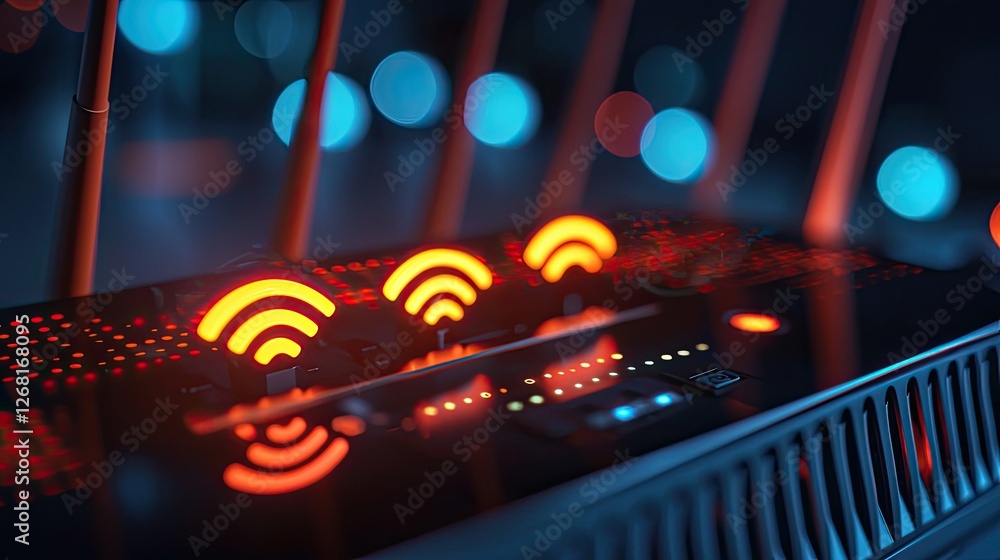 Aufkleber a Wi-Fi router displaying glowing signal indicators and antennas for wireless broadcasting.