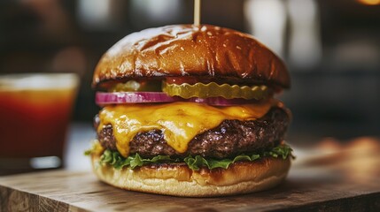 A Close-Up of a Juicy Cheeseburger with Pickles and Onion