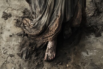 Obraz premium Barefoot woman standing in mud with dress edges soiled