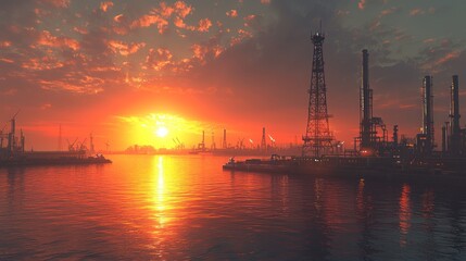 Obraz premium Sunset Over Industrial Port Cityscape Silhouette