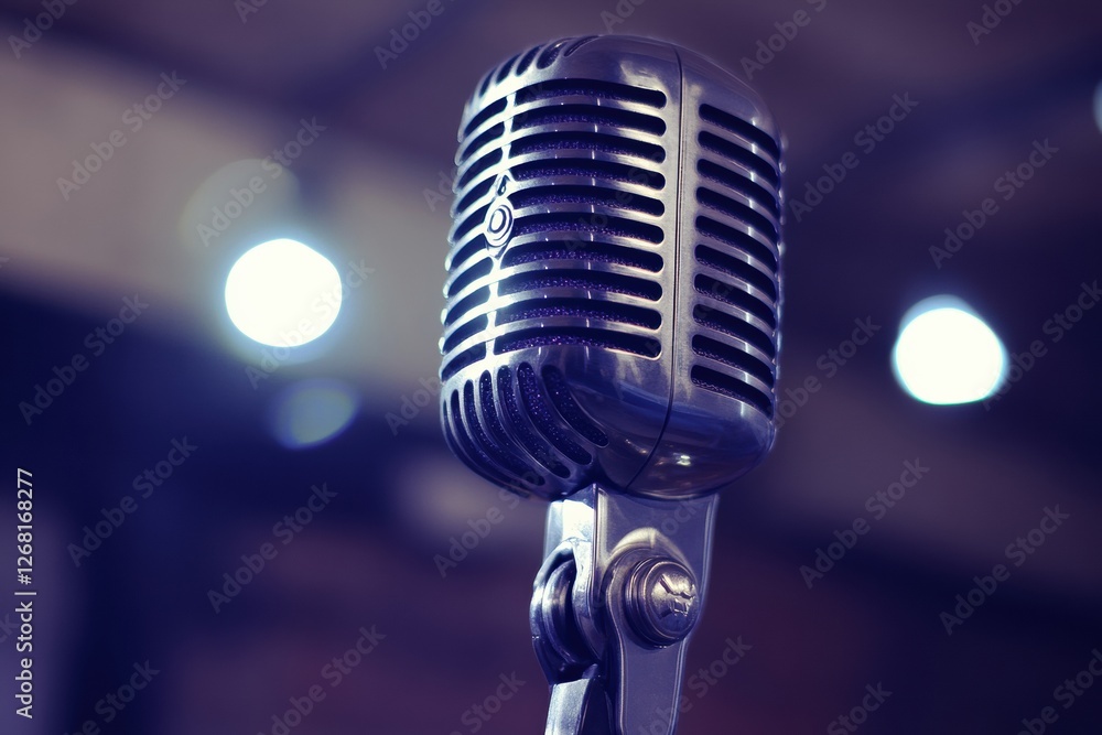 Leinwandbilder classic retro microphone set against a blurred background of bright lights in a performance space. g