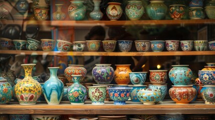 Colorful Ceramic Pottery Display in cookware Store Window. Concept of Artisanal Craftsmanship, Cultural Aesthetics, Traditional Handcrafted Art, kitchenware shop, Vibrant Home Decor, tableware