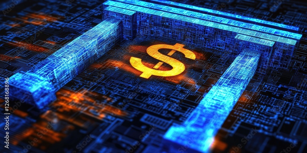Poster illustration of a secure online banking transaction, featuring encryption symbols for a professional
