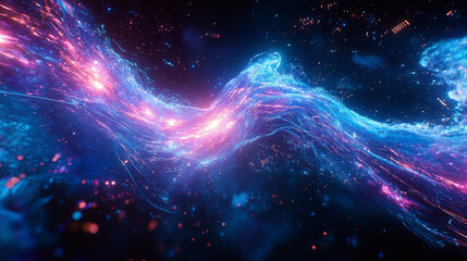 Glowing Neural Network Brain with Digital Circuits and Flowing Particles in Vibrant Blue and Purple
