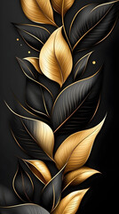 Elegant Gold Leaves on Black Background: Luxurious Botanical Pattern for Modern Mobile Wallpaper