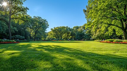 Obraz premium Expansive City Park with Lush Green Lawns and Blooming Flowers Under a Clear Blue Sky Concept of Urban Nature, Relaxation, Peaceful Scenery