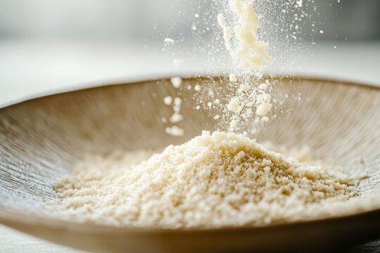 Parmesan cheese is falling into an artisanal wooden bowl