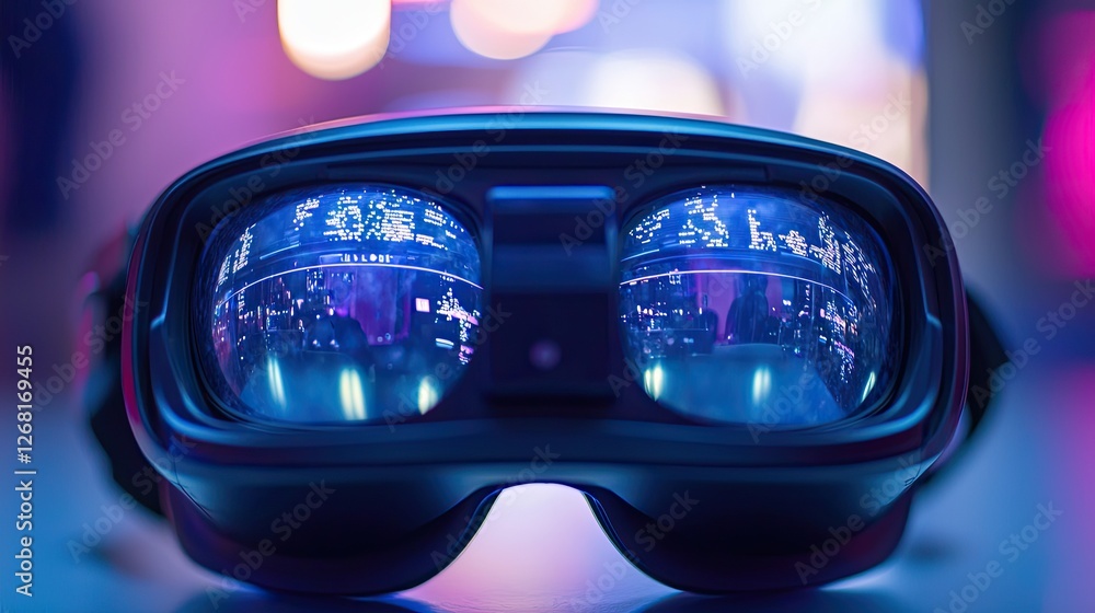 Poster virtual reality goggles in a classroom, focus on tech and curious expression, bright setting captures the immersive nature of educational technology