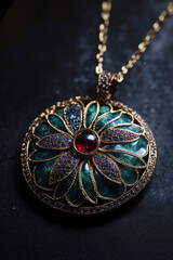 Fototapeta premium A gold necklace with a flower design on a black background
