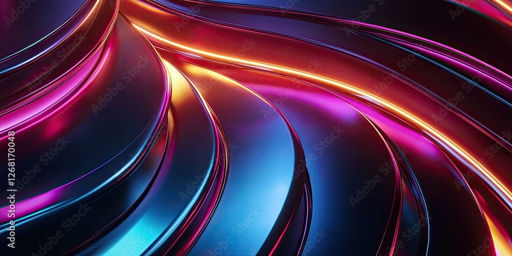 Poster sleek metallic surfaces accented with glowing neon highlights and smooth curves, ideal for futuristi