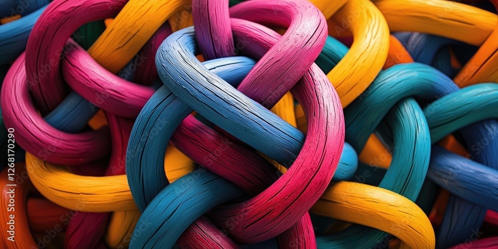 Leinwandbilder A detailed view of interlocking geometric shapes with intricate patterns in bold colors, creating an engaging abstract background.