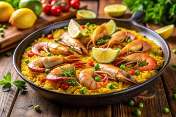 Delicious Paella with Prawns, Rice, Lemon, and Butter - Stock Photo