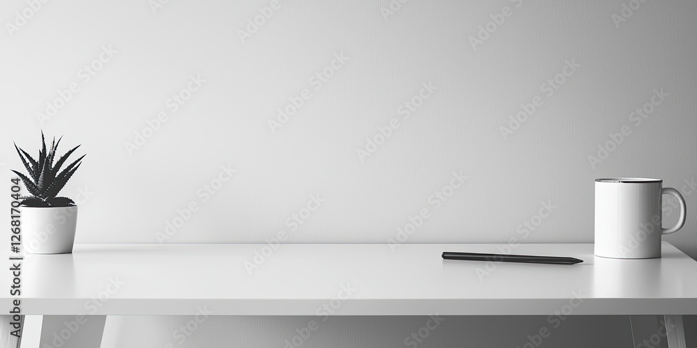 Poster high-resolution close-up of a minimalist white desk featuring sleek lines and organized elements, id