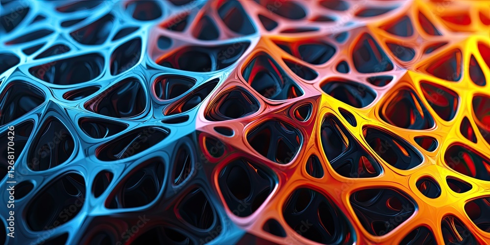 Leinwandbilder A detailed view of interlocking geometric shapes with intricate patterns in bold colors, creating an engaging abstract background.