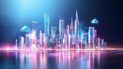 Fototapeta premium Cyber Futuristic Cityscape with Glowing Holographic Buildings and Reflective Water Surface in a Neon Atmosphere