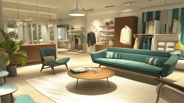 Mid-century modern boutique showcasing teal accents and minimalist design elements for a sophisticated shopping experience