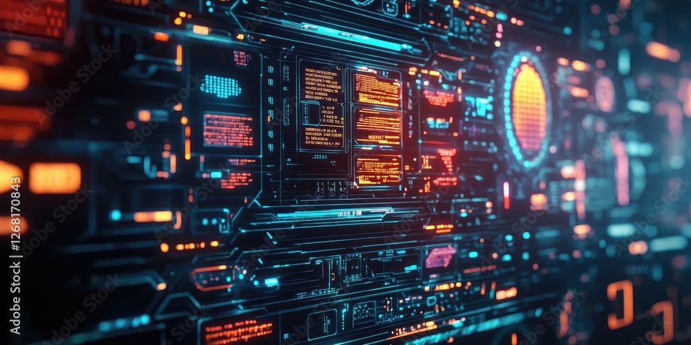 Leinwandbilder a futuristic holographic interface displaying vibrant colors and transparent components, ideal for next-generation tech backgrounds.