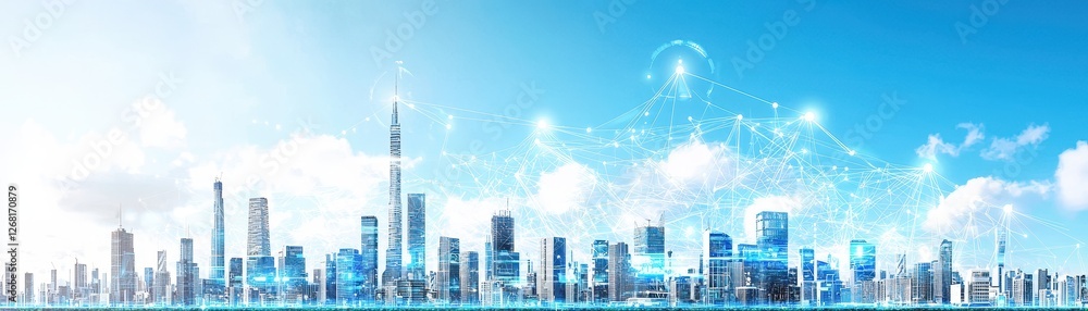 Poster cyber utopian cityscape with interactive digital screens and futuristic architecture in a bright sky