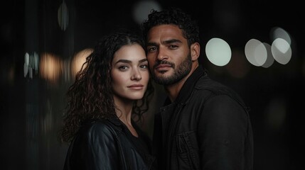 Fototapeta premium Young caucasian female and hispanic male standing together at night