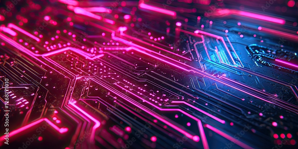 Poster Macro shot of a futuristic circuit highlighted by neon lines and pulsating light, perfect for sci-fi and high-tech designs.