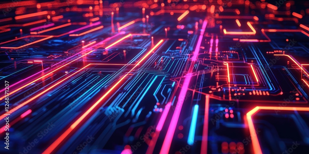 Poster Macro shot of a futuristic circuit highlighted by neon lines and pulsating light, perfect for sci-fi and high-tech designs.
