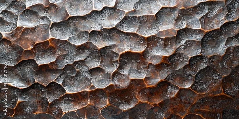 Poster High-resolution close-up of hammered metal with irregular patterns and deep texture, perfect for bold, industrial designs.
