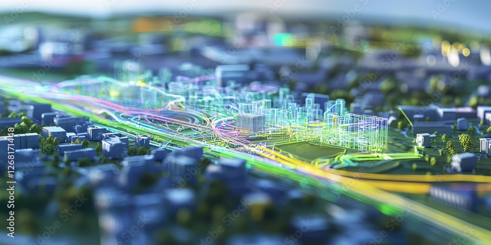 Poster Advanced interface for managing urban development, with holographic overlays, live infrastructure data, and interactive design tools.