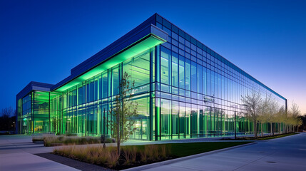 Obraz premium Sleek glass and steel facade enhanced by contrasting neon glow, embodying modern urban architectural sophistication